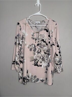 Calvin Klein Pink Floral Keyhole 3/4 Sleeve Top XL